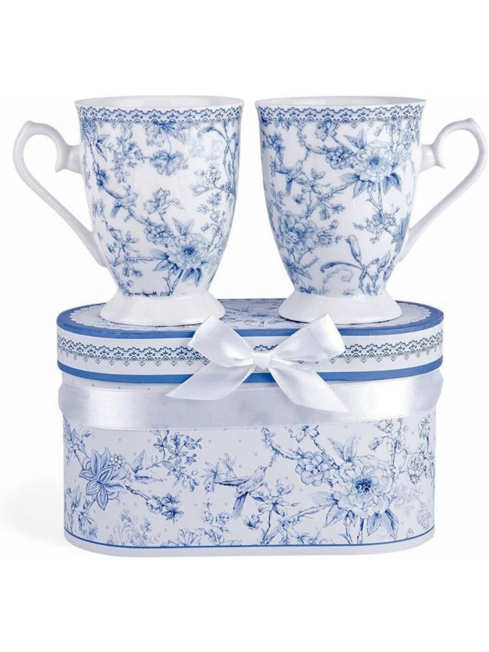 Elegant Blue Floral Bone China Tea/Coffee Mug Set of 2 in Gift Box